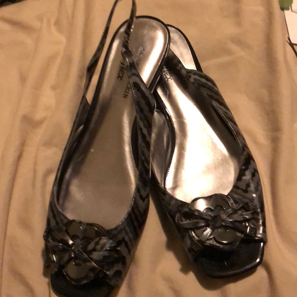 Anne Klein iflex strappy dress shoes, with about 1” heel. Open toe